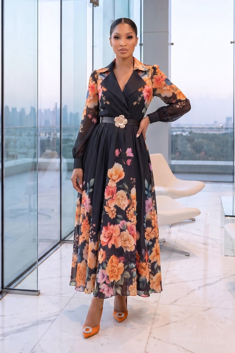 Floral Grace Midi Dress Black