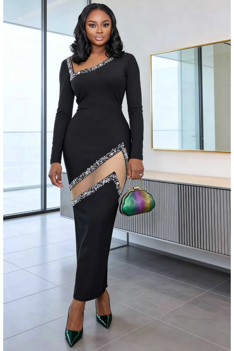 black embellished formal dress Long Sleeve | Evening Gown color-gold