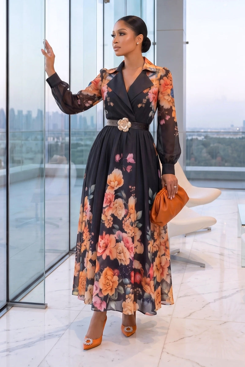 Floral Grace Midi Dress Black