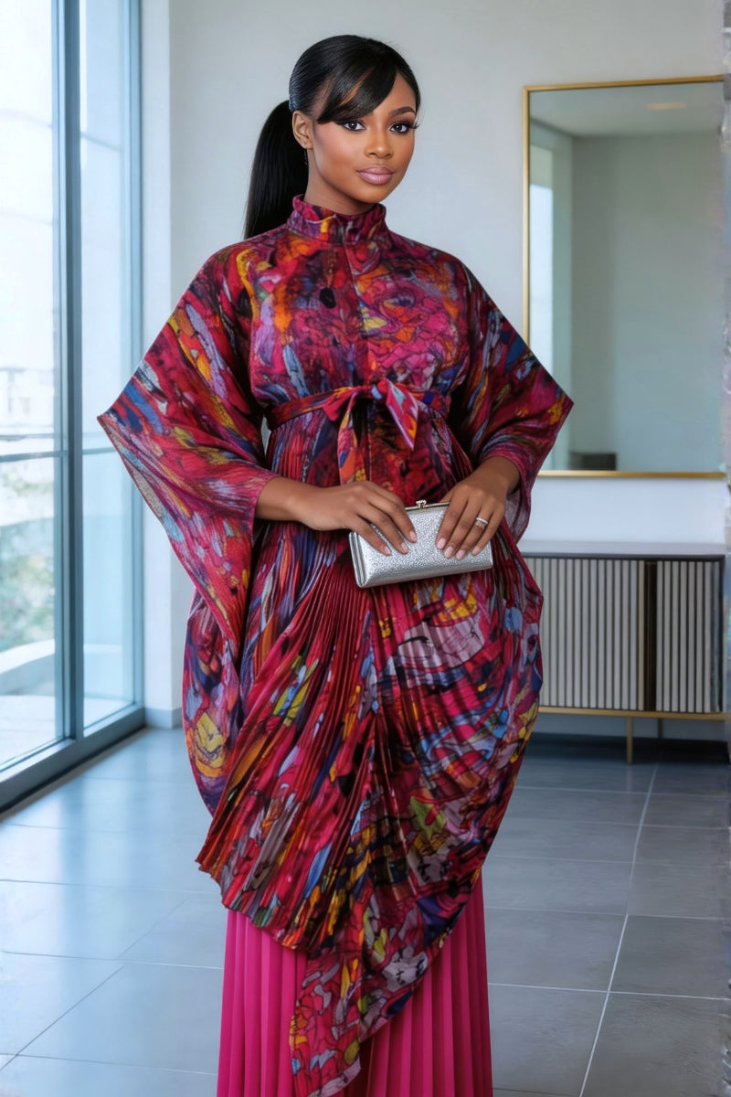 Woman wearing a colorful dress in an indoor setting