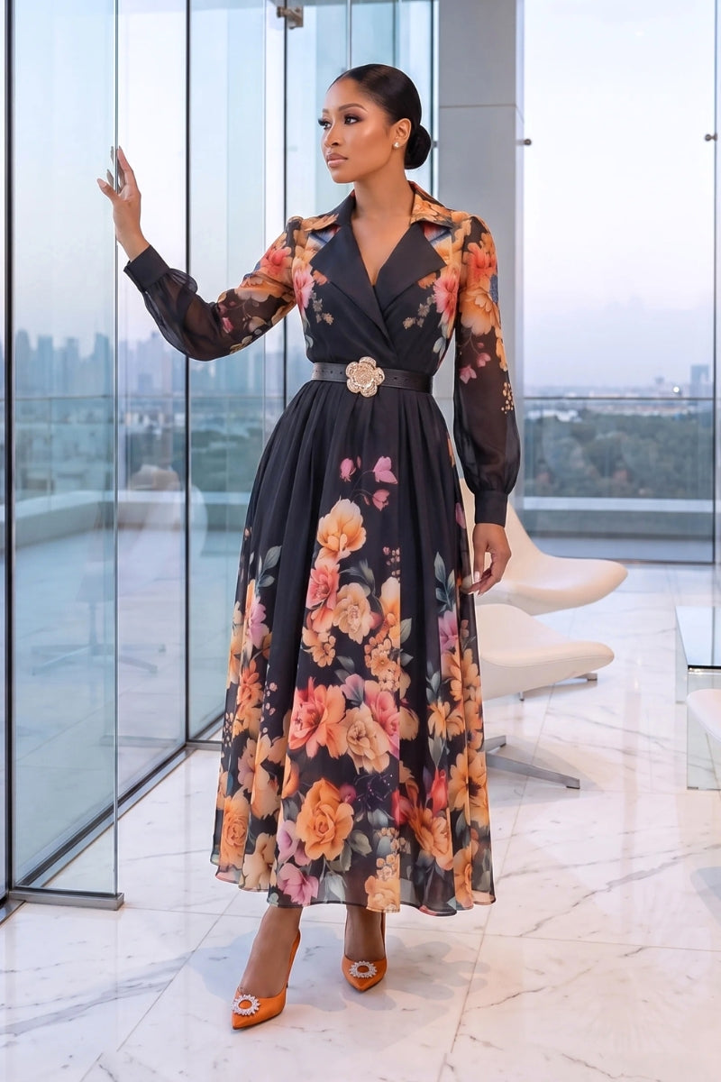 Floral Grace Midi Dress Black