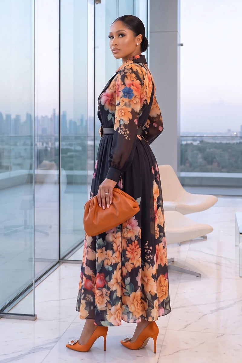Floral Grace Midi Dress Black