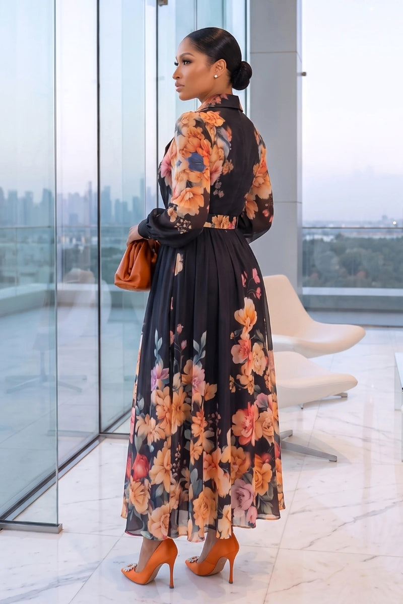 Floral Grace Midi Dress Black