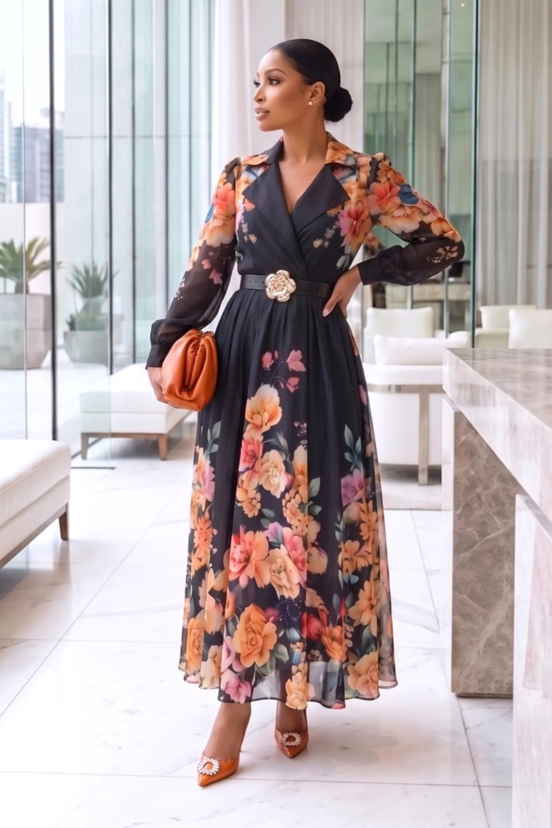 Floral Grace Midi Dress Black