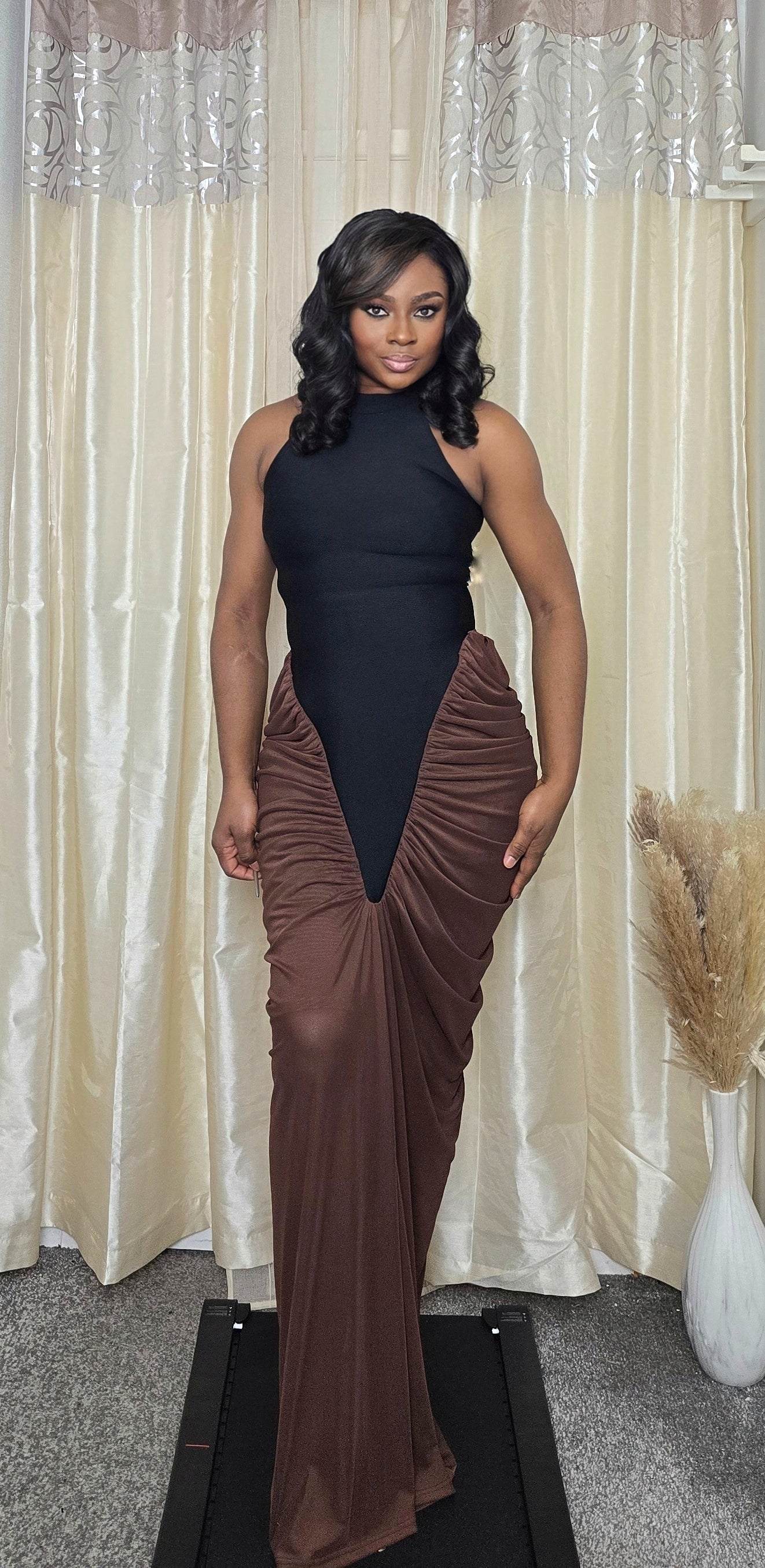 Black Halter Neck Bandage Dress with Mesh Detail